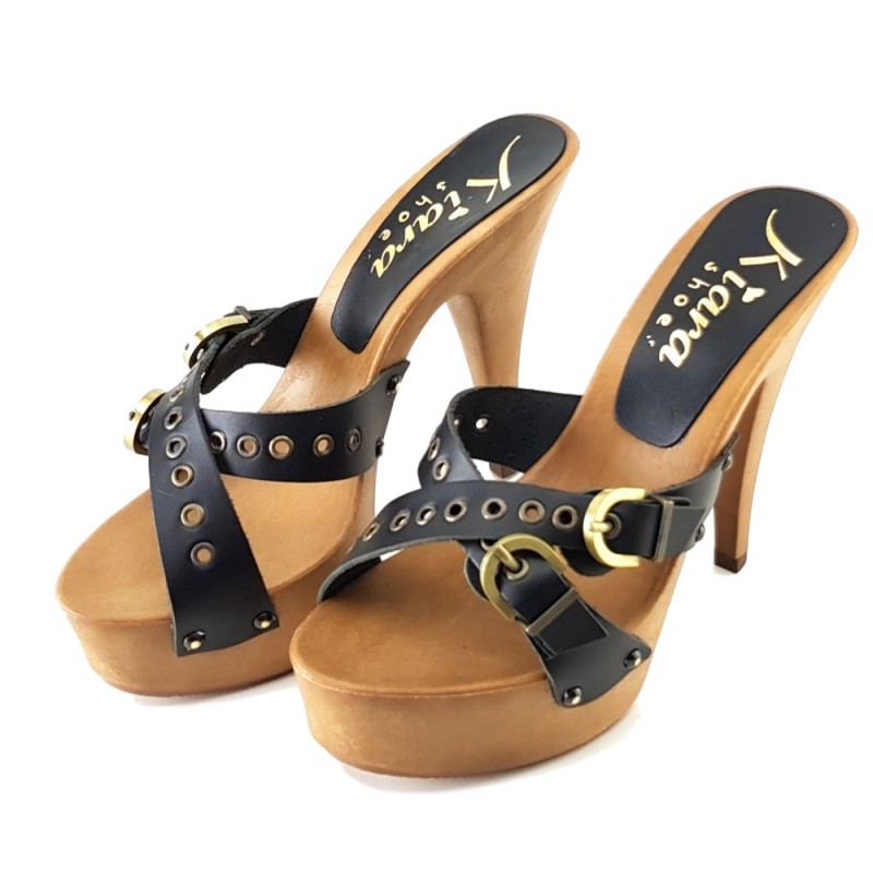 G2101 PELLE NERO Zapatos Zapatos para mujer Zuecos y chinelas Made in Italy Zuecos con banda de cuero negro y tacón 11 