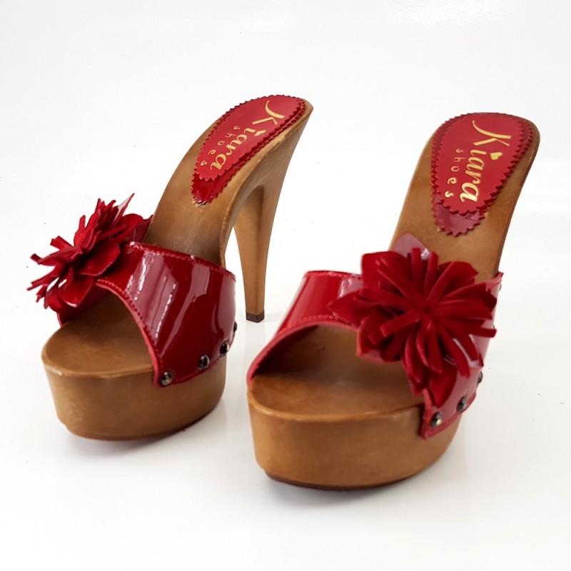 CLOGS FLOWER RED LEATHER CLOGS FLOWER RED LEATHER