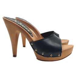 BLACK LEATHER CLOGS WITH HEEL 11