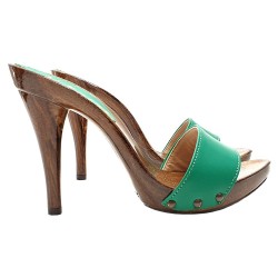 GREEN LEATHER CLOGS HEEL 12 - KM7203