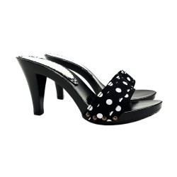 ZOCCOLI ARTIGIANALI NERI A POIS DA DONNA TACCO 9