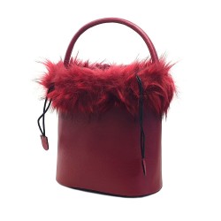 WOMEN'S RED BUCKET BAG WITH FUR