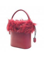 WOMEN'S RED BUCKET BAG WITH FUR