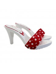WHITE HEEL CLOGS WITH RED POLKA DOT UPPER