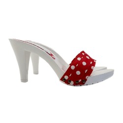 WHITE HEEL CLOGS WITH RED POLKA DOT UPPER