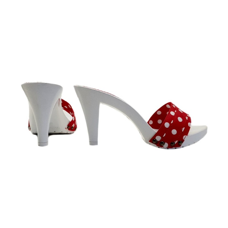 WHITE HEEL CLOGS WITH RED POLKA DOT UPPER