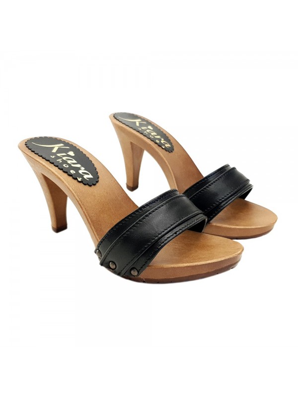 BLACK CLOGS IN LEATHER HEEL 9