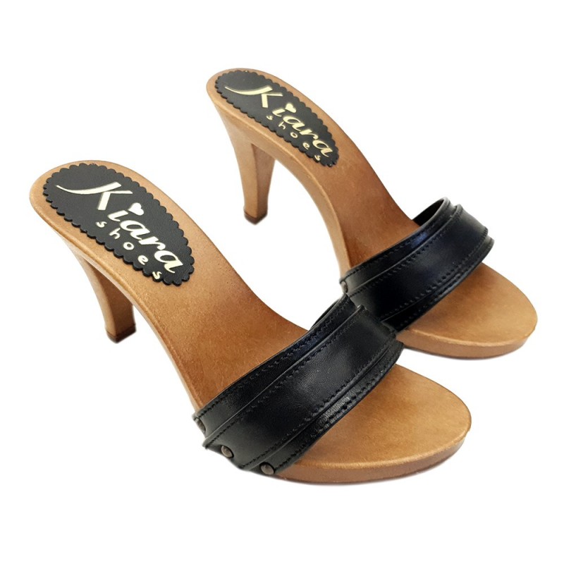 BLACK CLOGS IN LEATHER HEEL 9