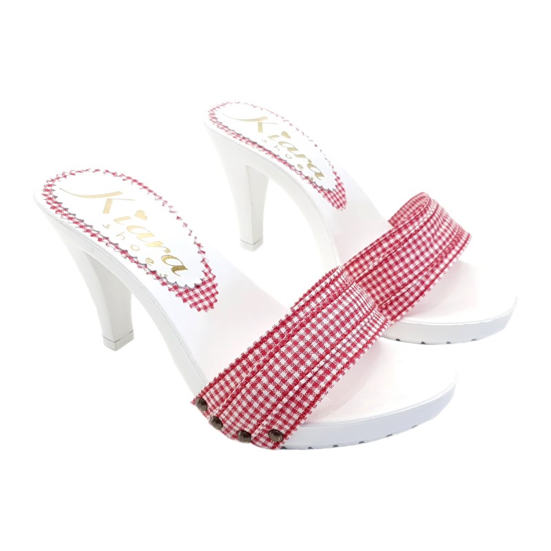 WHITE HEEL CLOGS WITH RED PIN-UP STYLE UPPER WHITE HEEL CLOGS WITH RED PIN-UP STYLE UPPER