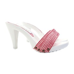 WHITE HEEL CLOGS WITH RED PIN-UP STYLE UPPER