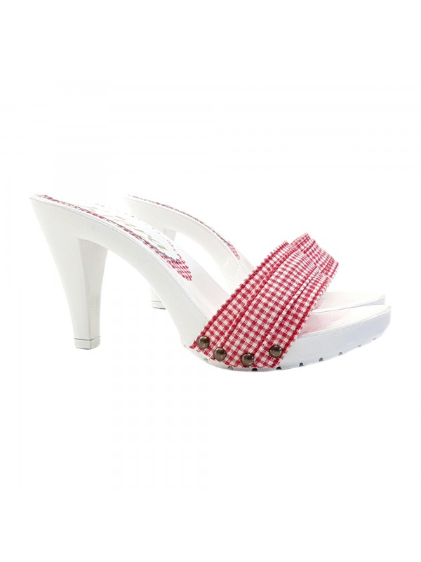 WHITE HEEL CLOGS WITH RED PIN-UP STYLE UPPER