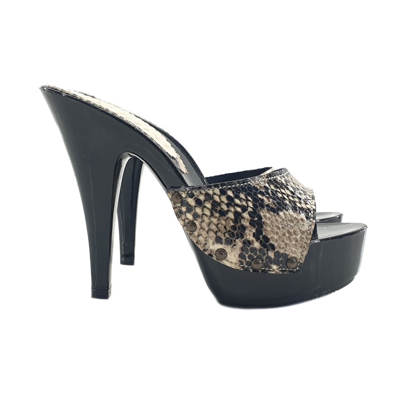 WOMEN'S LEATHER PYTHON PATTERN CLOGS HEEL 13 WOMEN'S LEATHER PYTHON PATTERN CLOGS HEEL 13