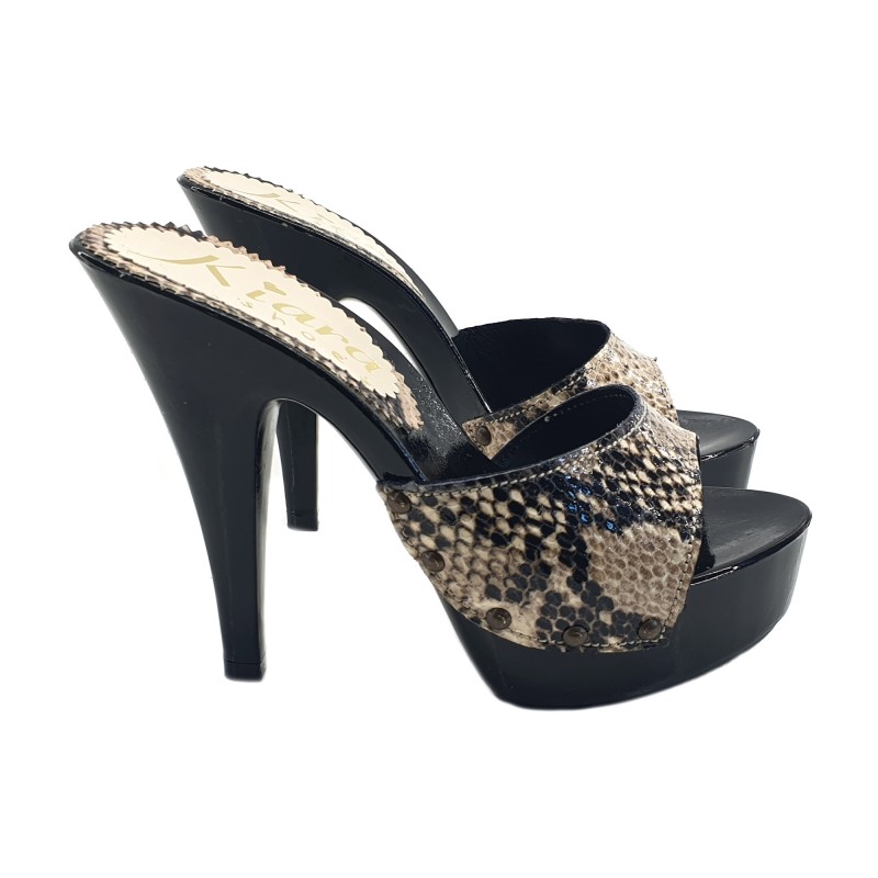 WOMEN'S LEATHER PYTHON PATTERN CLOGS HEEL 13 WOMEN'S LEATHER PYTHON PATTERN CLOGS HEEL 13