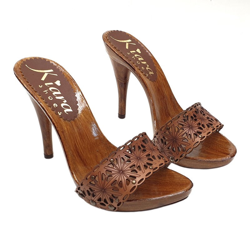 WOMEN'S CLOGS IN LASERED LEATHER AND HIGH HEEL