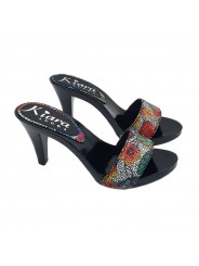 SCHWARZE LACKIERTE CLOGS MIT BLUMENDEKORATION OBERTEIL