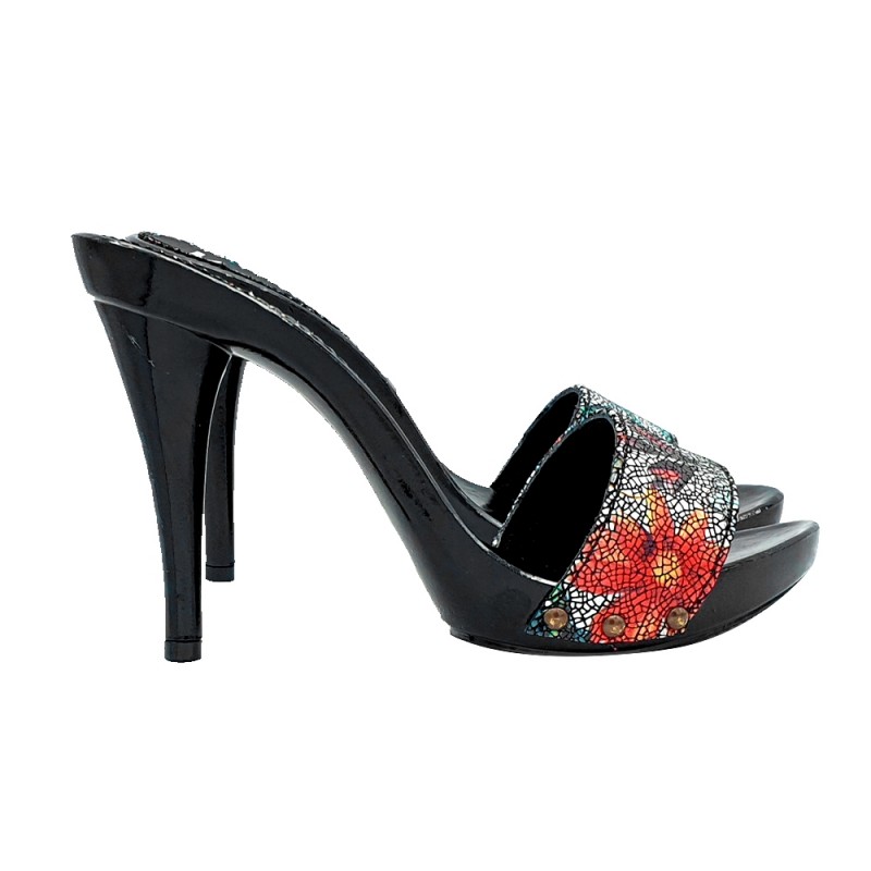 SABOTS LAQUÉS NOIRES HAUT DÉCOR FLORAL TALON 12