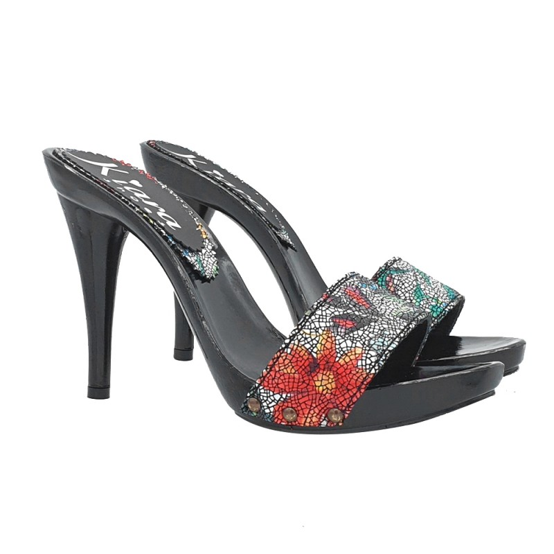 SCHWARZ LACKIERTE CLOGS OBERER BLUMENDEKOR ABSATZ 12 SCHWARZ LACKIERTE CLOGS OBERER BLUMENDEKOR ABSATZ 12