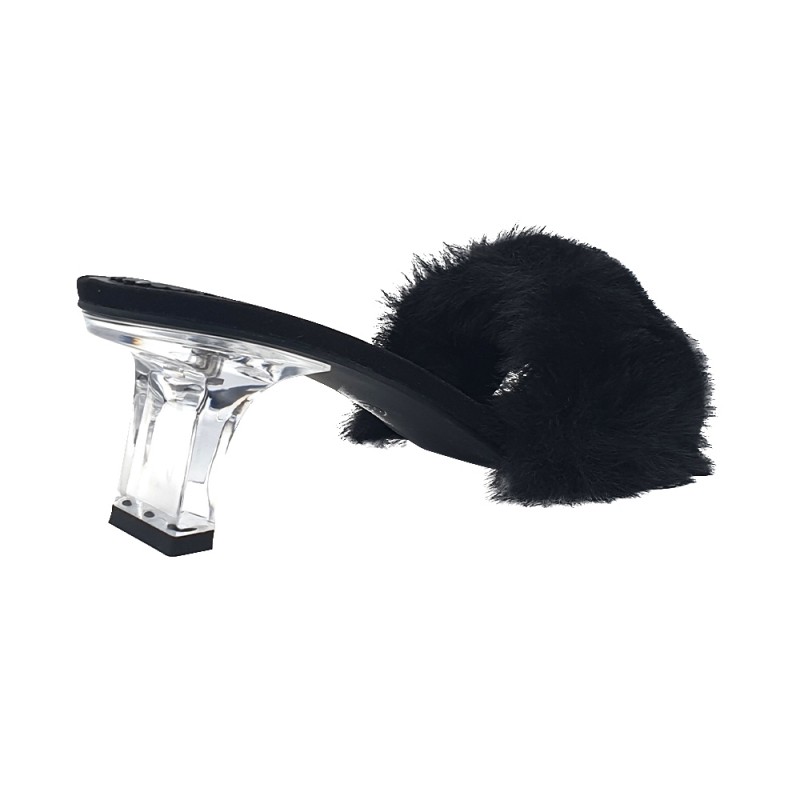 SCHWARZE CLOGS MIT FELL UND TRANSPARENTEM ABSATZ