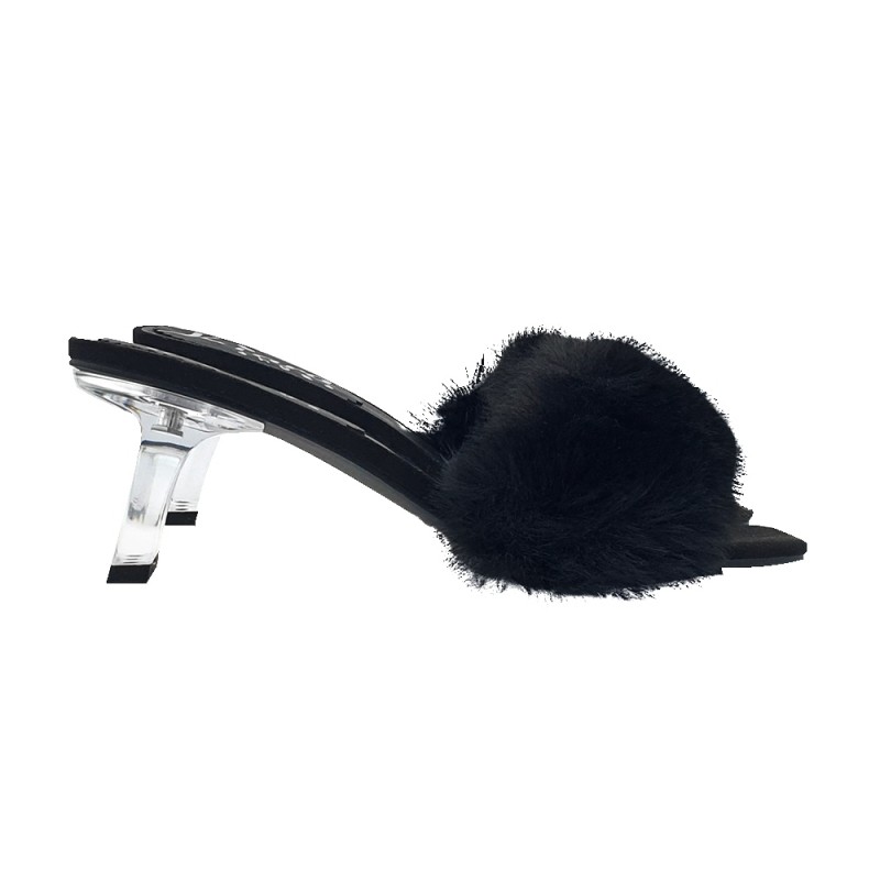 SCHWARZE CLOGS MIT FELL UND TRANSPARENTEM ABSATZ