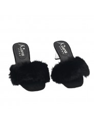 SCHWARZE CLOGS MIT FELL UND TRANSPARENTEM ABSATZ