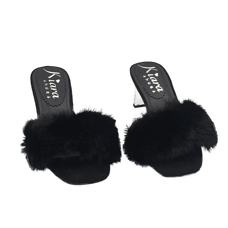ZUECOS NEGROS CON PIEL Y TACÓN TRANSPARENTE