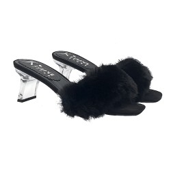 BLACK CLOGS WITH FUR AND TRANSPARENT HEEL