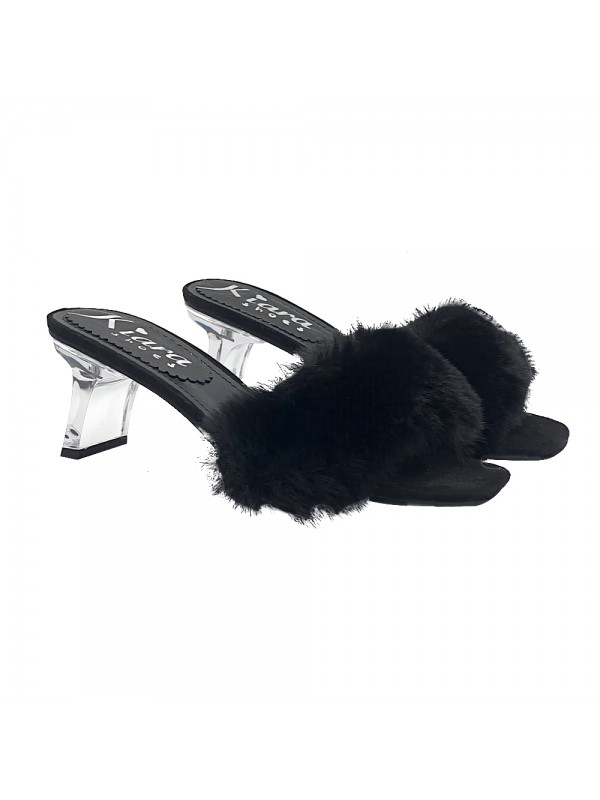 SCHWARZE CLOGS MIT FELL UND TRANSPARENTEM ABSATZ