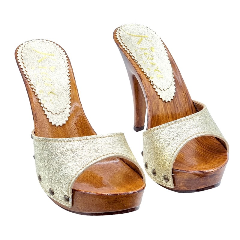 HOLZEFFECKT CLOGS MIT GOLDENEM BAND