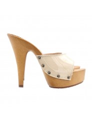 BEIGE PATENT CLOGS WITH HIGH HEEL
