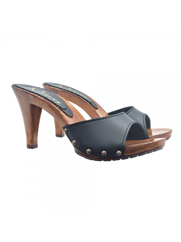 SCHWARZE LEDERCLOGS MIT BEQUEM ABSATZ