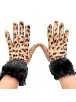 LEOPARD BEIGE GLOVES WITH BLACK FUR