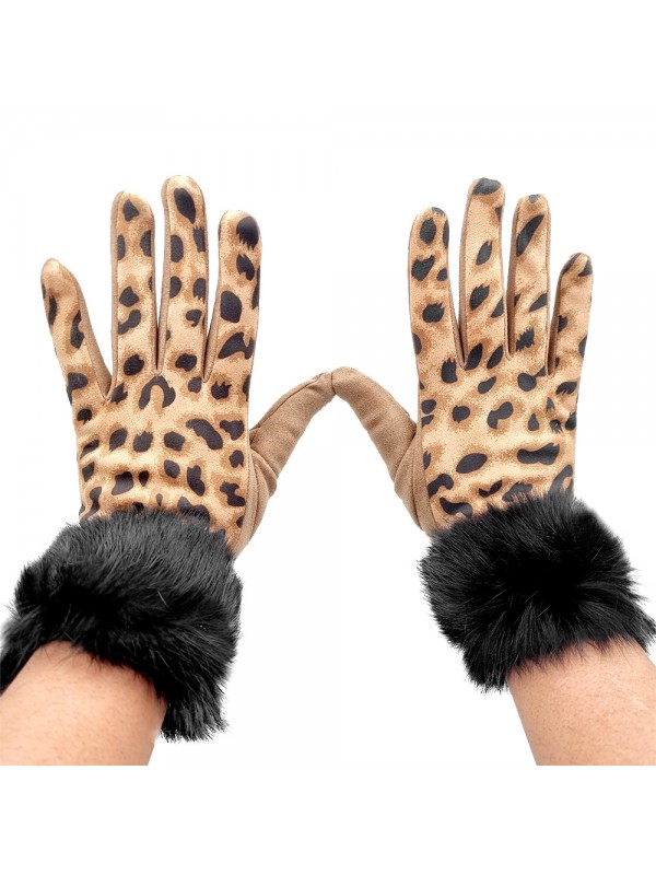 HANDSCHUHE LEOPARD BEIGE MIT SCHWARZEM FELL