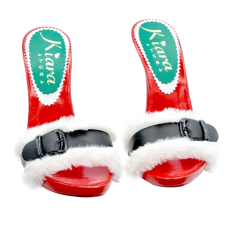 RED CHRISTMAS CLOGS WITH WHITE FUR AND BUCKLE