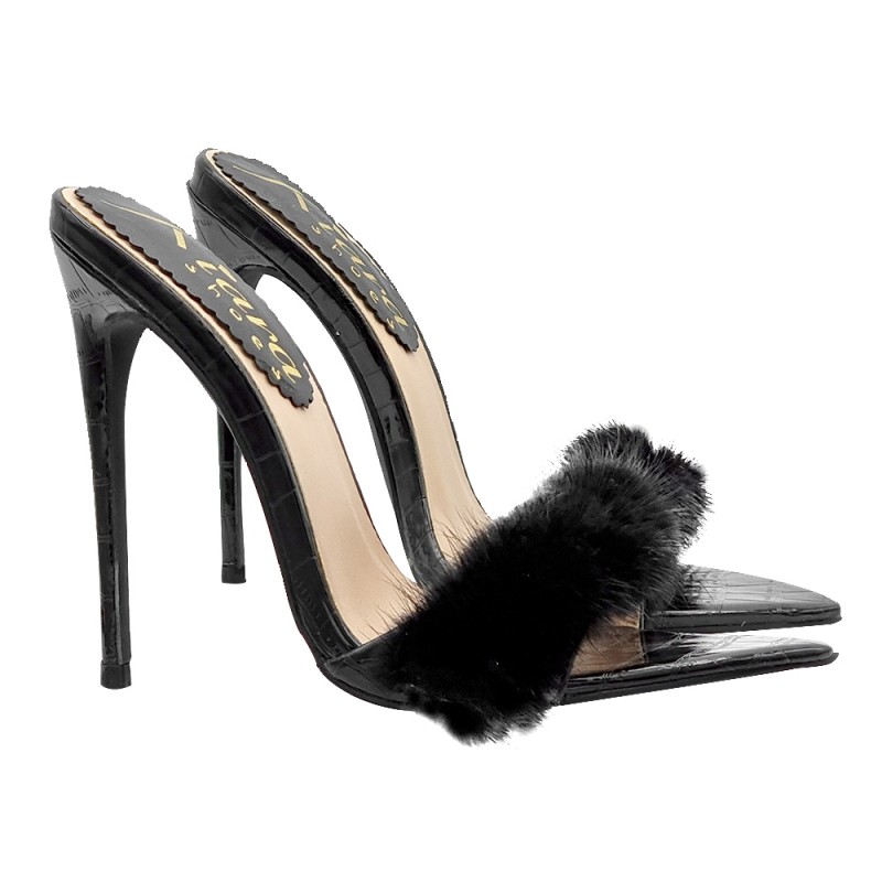 BLACK POINTED SANDALS WITH FUR AND HEEL 13
