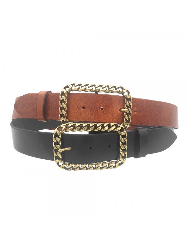 CEINTURE EN CUIR MARRON / NOIR AVEC BOUCLE