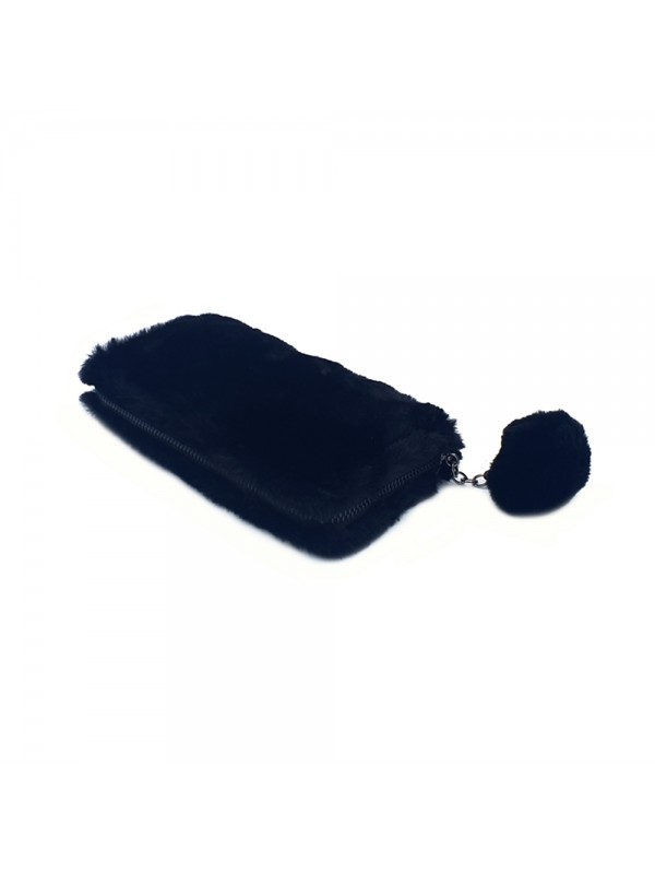 BLACK WOMEN'S WALLET WITH POMPON