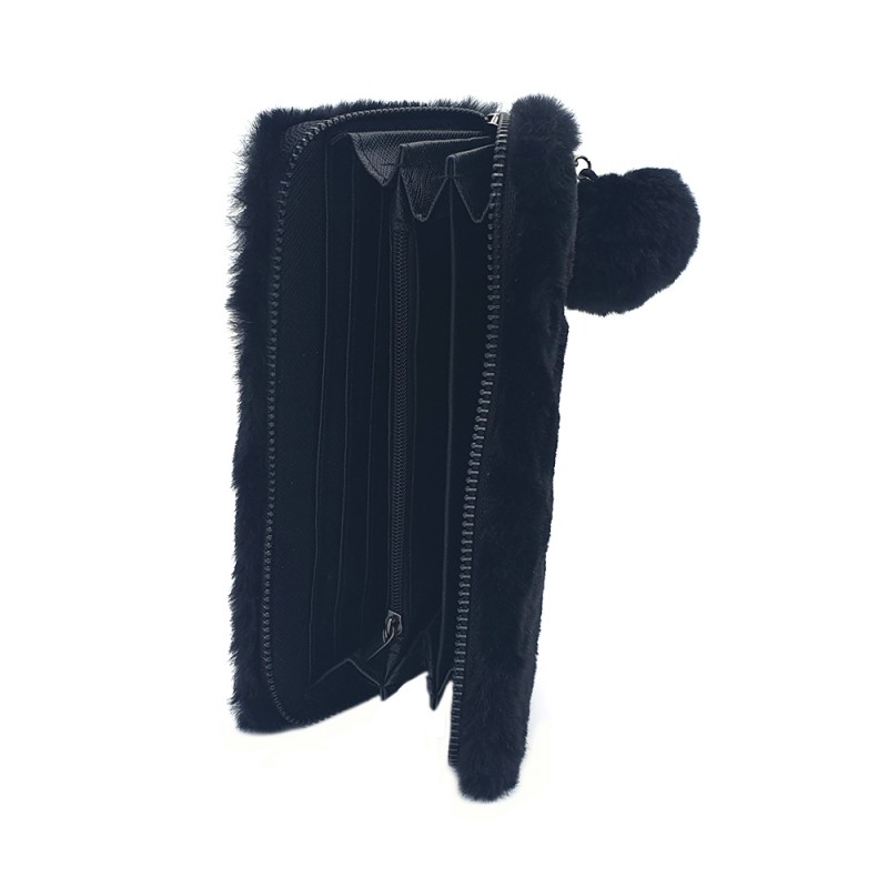 BLACK WOMEN'S WALLET WITH POMPON
