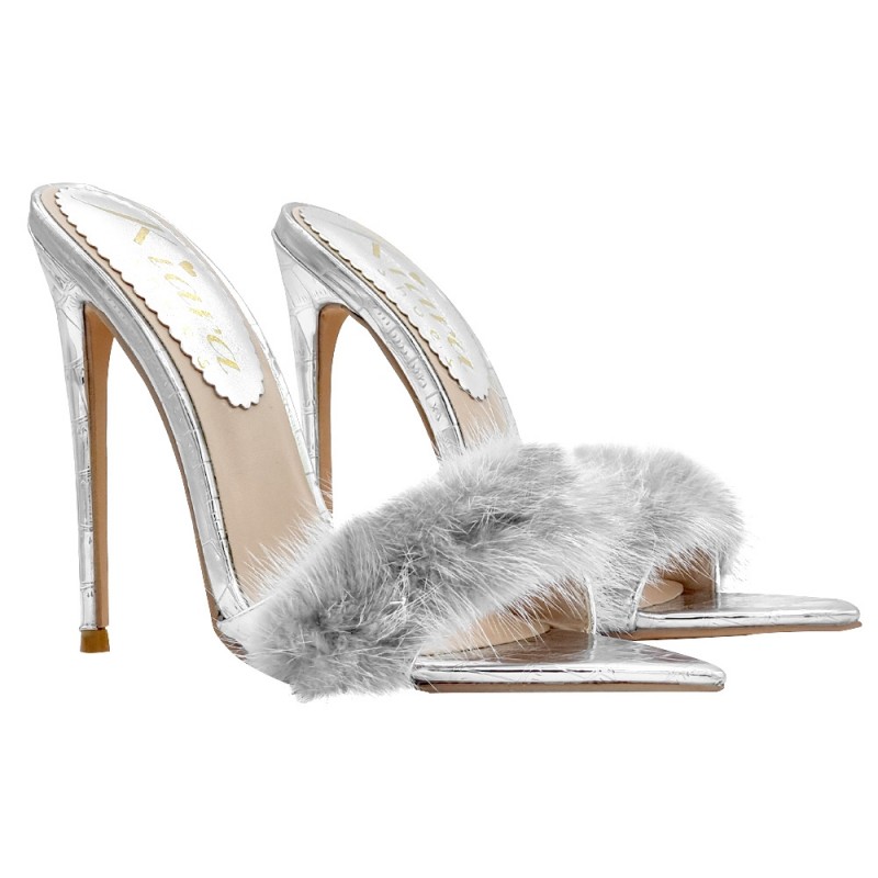SILVER POINTED SANDALS WITH FUR AND HEEL 12