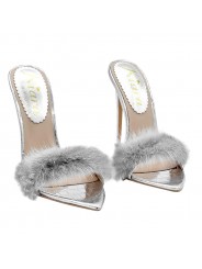 SILVER POINTED SANDALS WITH FUR AND HEEL 13
