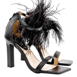 BLACK SANDALS WITH FEATHERS AND 10.5 CM HEEL