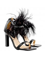 BLACK SANDALS WITH FEATHERS AND 10.5 CM HEEL