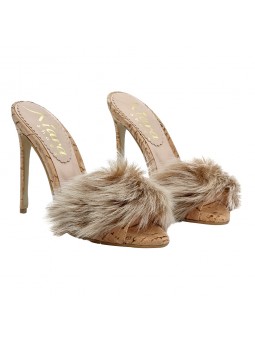CORK SANDAL WITH FUR AND HEEL 12
