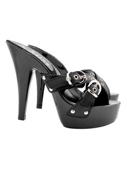 BLACK CLOGS WITH BRAIDED BANDS AND SILVER BUCKLES