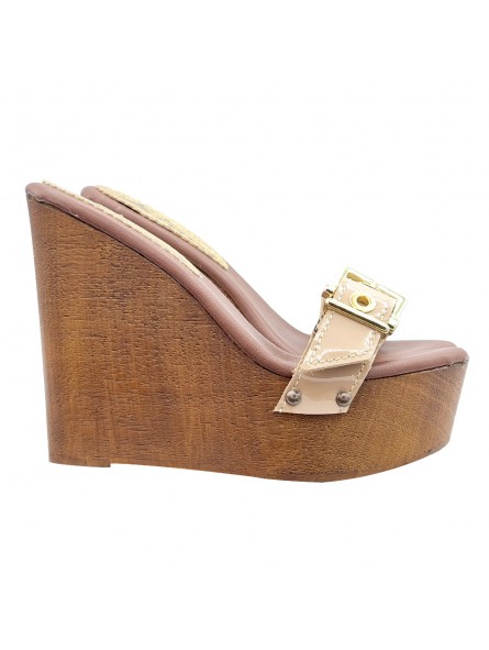 WEDGE WITH BEIGE BAND IN PATENT LEATHER AND HIGH HEEL
