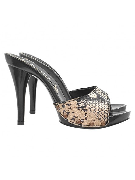 SCHWARZE CLOGS MIT WEISSEM BAND "PYTHON-EFFEKT"