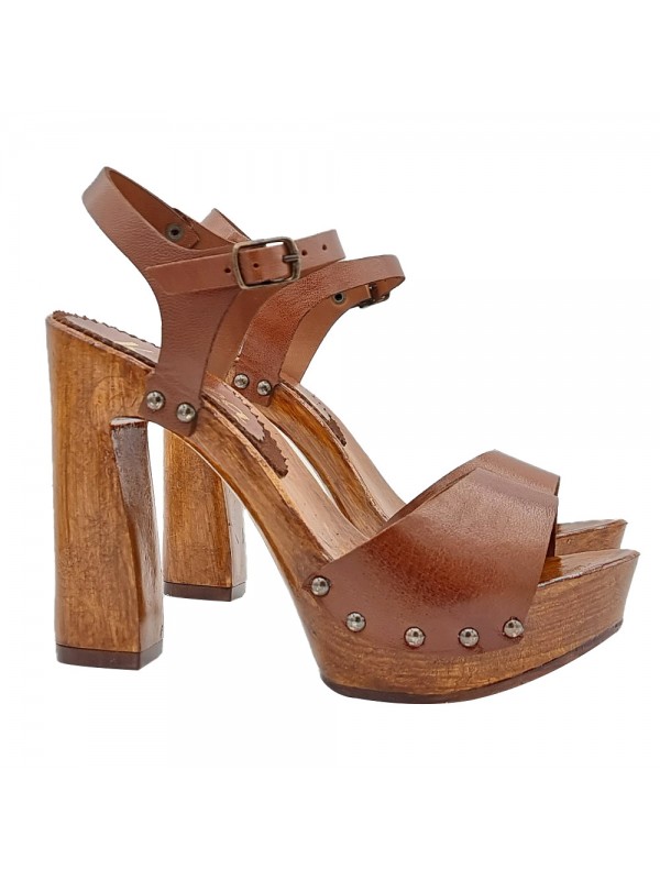 BROWN LEATHER SANDALS WITH HIGH HEEL