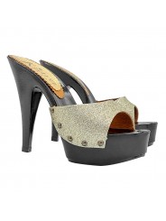 SCHWARZE CLOGS MIT GLITTER-GOLDEM BAND