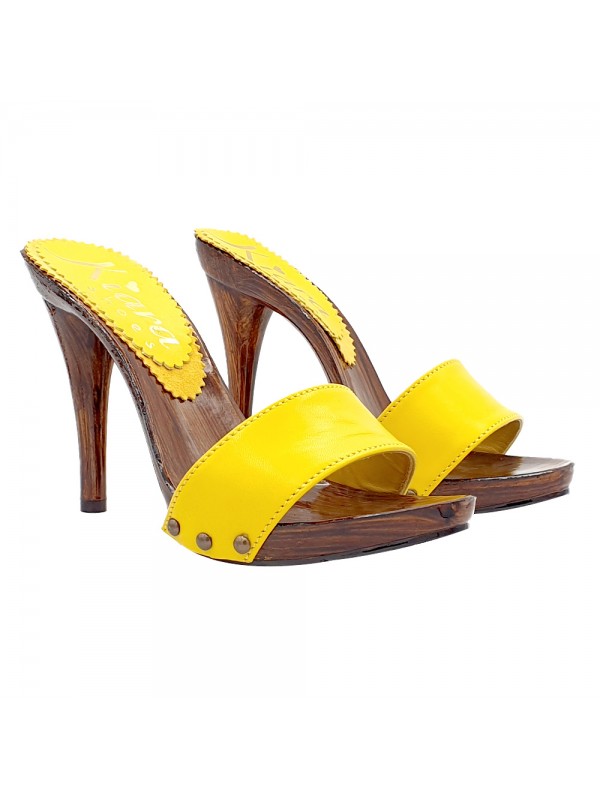 YELLOW CLOGS WITH LEATHER BAND AND HEEL 12