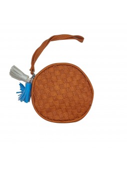 MONEDERO MARRÓN CON ASA Y FLECOS