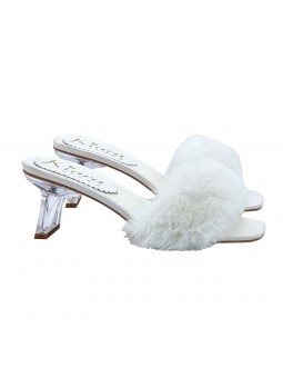 WHITE CLOGS WITH FUR AND TRANSPARENT HEEL
